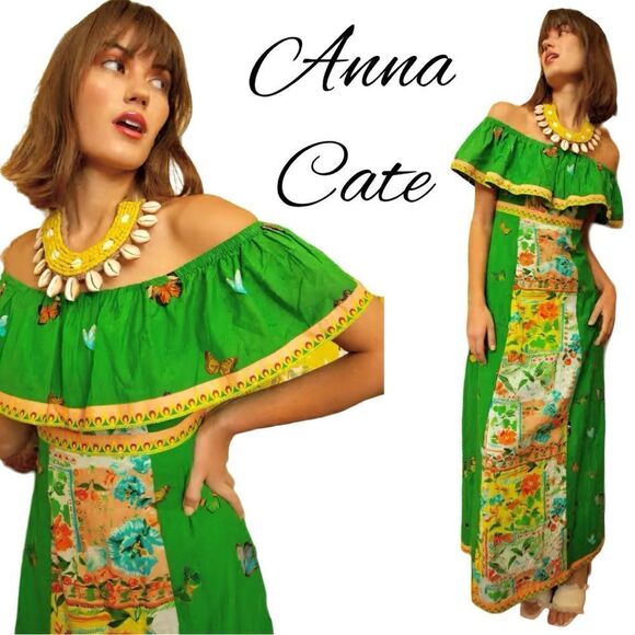 Anna Cate Spencer Maxi Butterfly Green Off-Shoulder Dress Sz S NWT - Picture 1 of 13